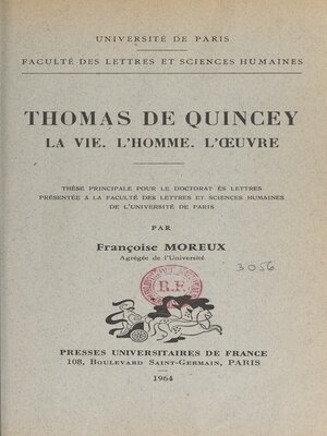 cover image of Thomas de Quincey